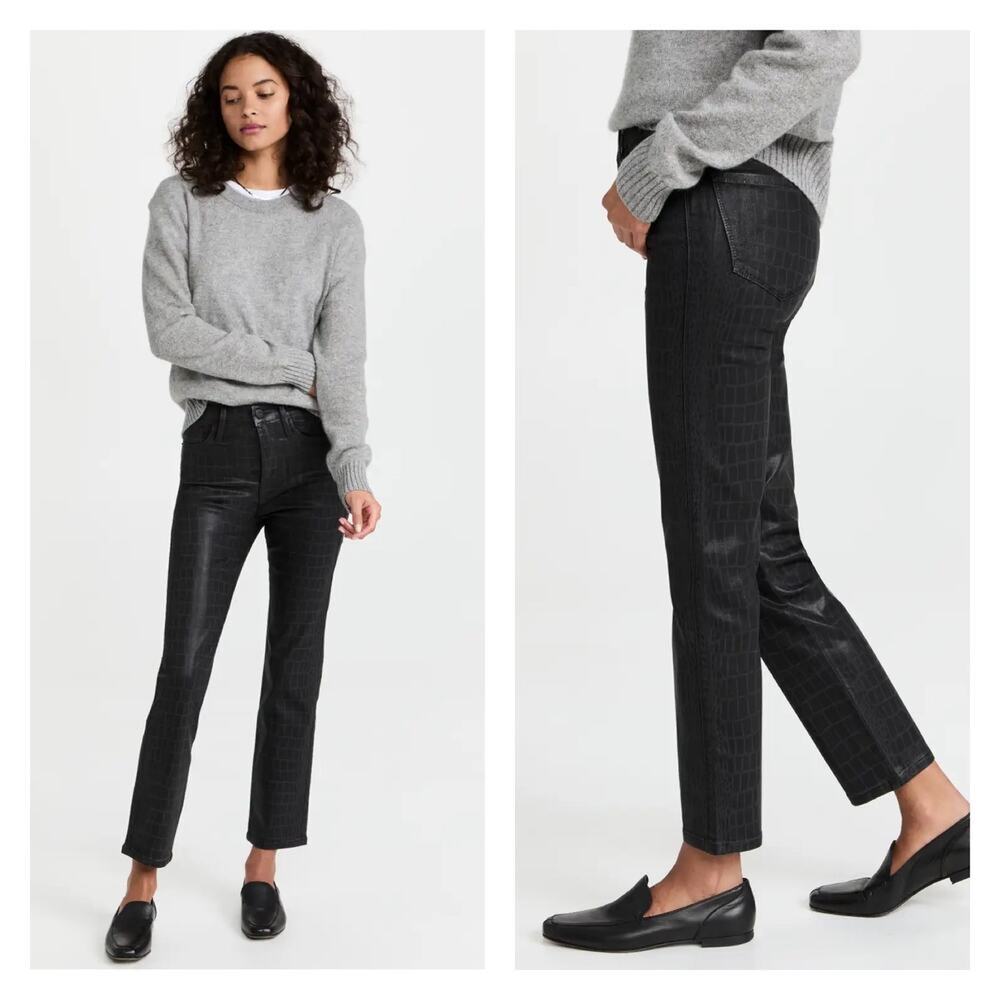 Frame Le Sylvie High Rise Slender Straight Leg In Noir Croc Coated Jean Size 25